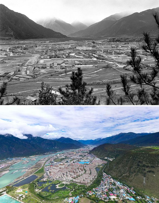 拼版照片：上图是20世纪90年代的西藏林芝八一镇；下图是2021年7月20日拍摄的西藏林芝八一镇风貌。