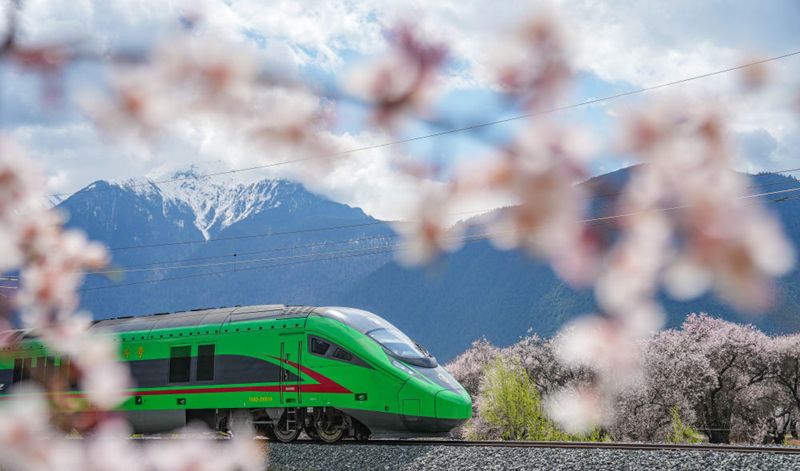 2025年4月2日，复兴号列车穿行在拉林铁路林芝段。